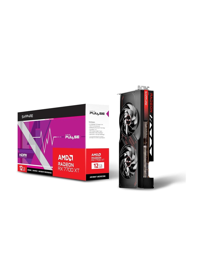 Sapphire - PULSE Radeon RX 7700 XT 12GB GDDR6, 5nm RDNA 3 Architecture, 2544 MHz Boost Clock, 2171 MHz Game Clock, 3456 Stream Processors, 54 Compute Units, 48MB Infinity Cache, 4K Display Support, PCIe 4.0, Dual HDMI & DisplayPort 2.1, Dual-X Cooling, AMD FidelityFX Super Resolution, FreeSync, TriXX Boost, 2.5 Slot ATX Form Factor | 11335-04-20G - Image 1