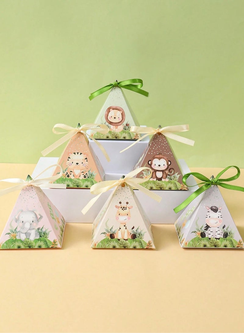 علب توزيعات بتصميم هرمي مصممه باشكال حيوانات الغابه اللطيفه مزودة بربطة أنيقة تسهّل إغلاق العلبة (12) علبه تناسب حفلات اعياد الميلاد و استقبال المولود الجديد والحفلات ذات الطبع الخاص - Image 1