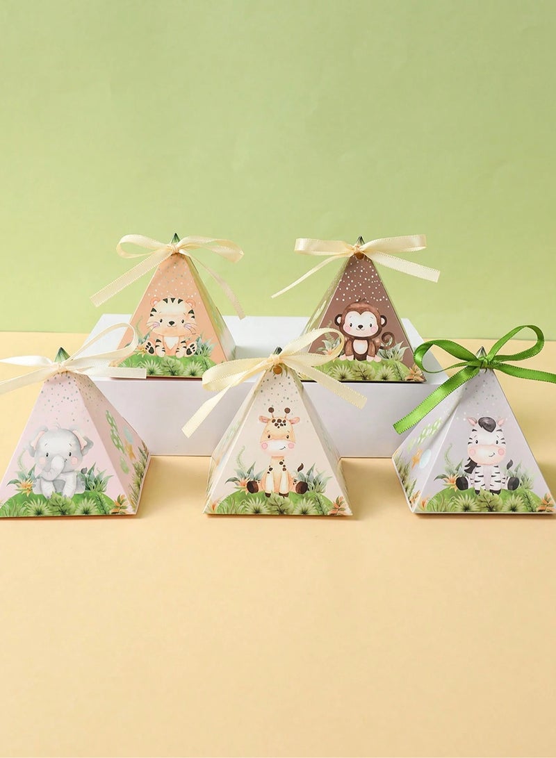 علب توزيعات بتصميم هرمي مصممه باشكال حيوانات الغابه اللطيفه مزودة بربطة أنيقة تسهّل إغلاق العلبة (12) علبه تناسب حفلات اعياد الميلاد و استقبال المولود الجديد والحفلات ذات الطبع الخاص - Image 3