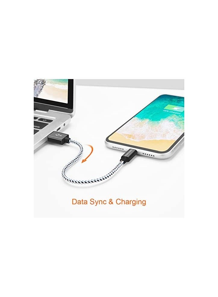 كابل كرييشن كابل Lightning قصير إلى USB لمزامنة البيانات بطول 0.5 قدم [معتمد من MFi] متوافق مع iPhone X، 8، 8 Plus، 7، 7 Plus، 6S، 6S Plus، iPad، 15 سم، أبيض وأسود - Image 2
