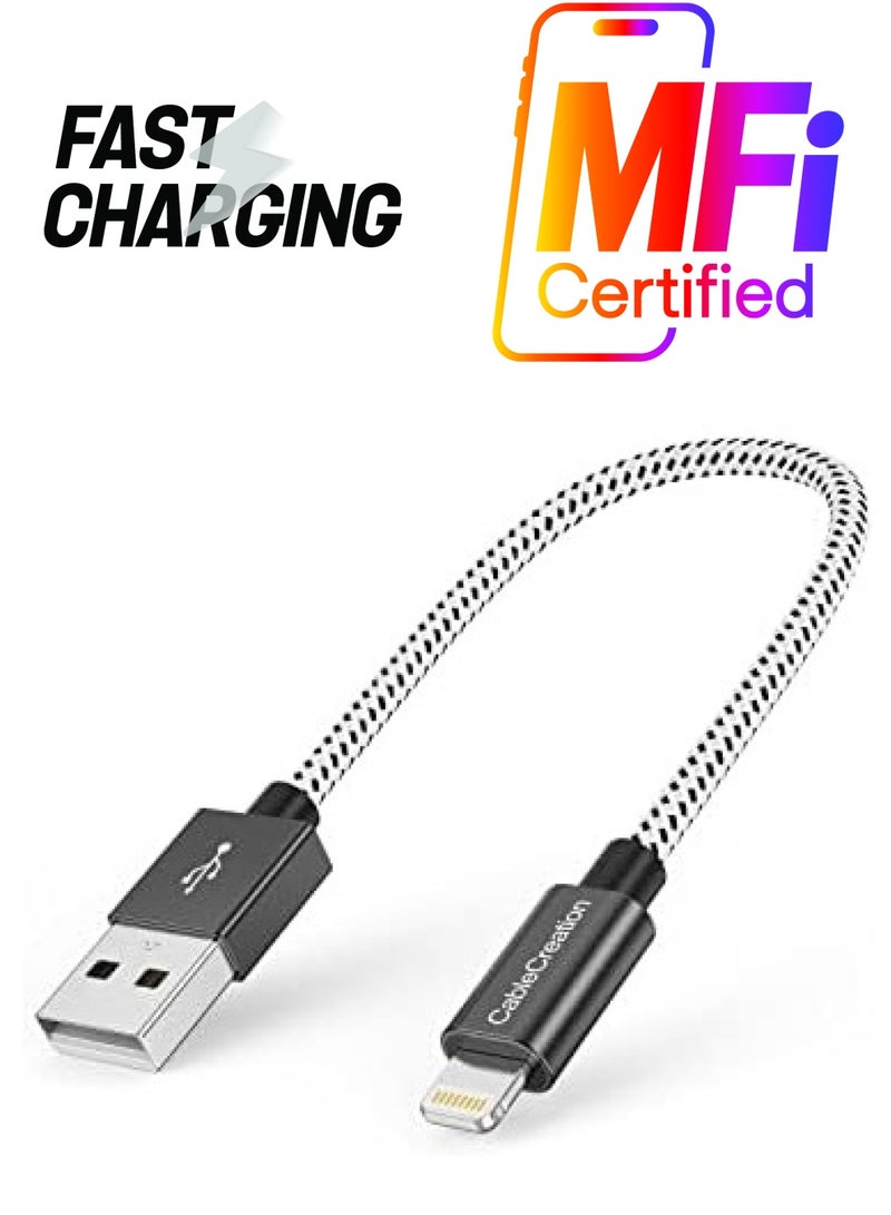 كابل كرييشن كابل Lightning قصير إلى USB لمزامنة البيانات بطول 0.5 قدم [معتمد من MFi] متوافق مع iPhone X، 8، 8 Plus، 7، 7 Plus، 6S، 6S Plus، iPad، 15 سم، أبيض وأسود - Image 1