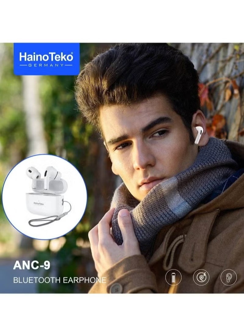 Haino Teko - ANC 9 Bluetooth Earphones | Active Noise Cancellation | Enhanced Bass & Clear Microphone | Touch Controls | Long Battery Life | Compatible with Android Mobiles & Tablets | Wireless In-Ear Headphones – White - Image 1