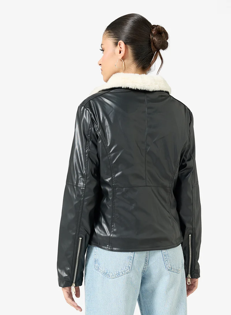 Ginger PU Lapel Collar Jacket with Borge Detail