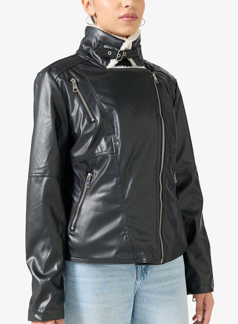 Ginger PU Lapel Collar Jacket with Borge Detail - Image 3