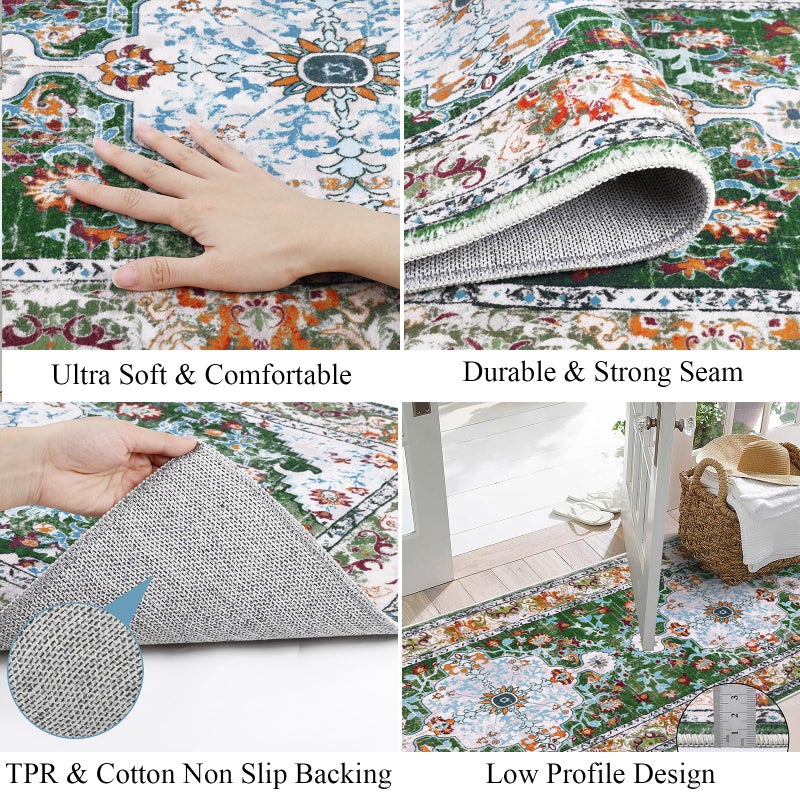 U'Artlines 2' x 14' Long Boho Hallway Runner Rug, Non Slip Washable Vintage Farmhouse Accent Area Rug Carpet for Kitchen Entryway Laundry and Living Room Green - Image 5