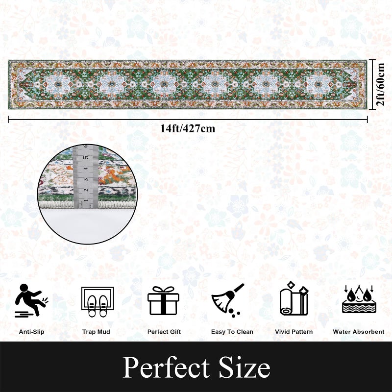 U'Artlines 2' x 14' Long Boho Hallway Runner Rug, Non Slip Washable Vintage Farmhouse Accent Area Rug Carpet for Kitchen Entryway Laundry and Living Room Green - Image 3