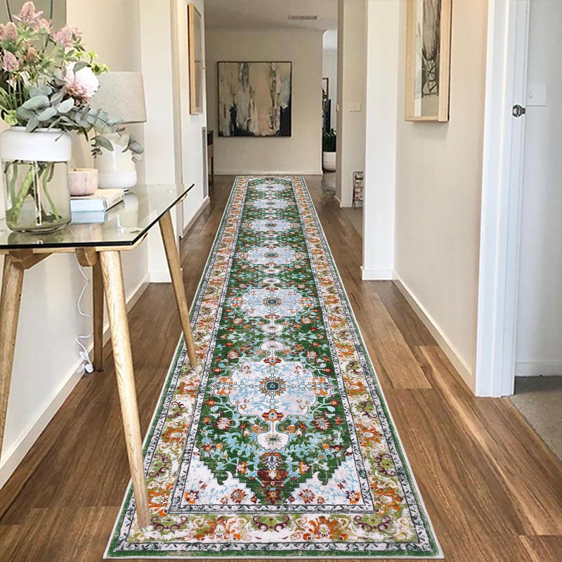 U'Artlines 2' x 14' Long Boho Hallway Runner Rug, Non Slip Washable Vintage Farmhouse Accent Area Rug Carpet for Kitchen Entryway Laundry and Living Room Green - Image 1