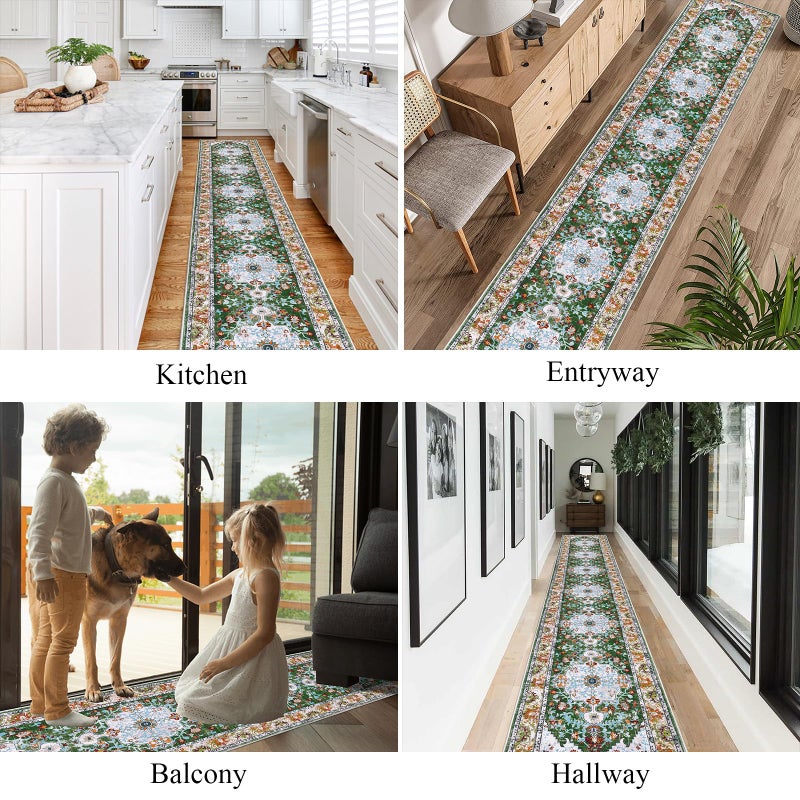 U'Artlines 2' x 14' Long Boho Hallway Runner Rug, Non Slip Washable Vintage Farmhouse Accent Area Rug Carpet for Kitchen Entryway Laundry and Living Room Green - Image 4