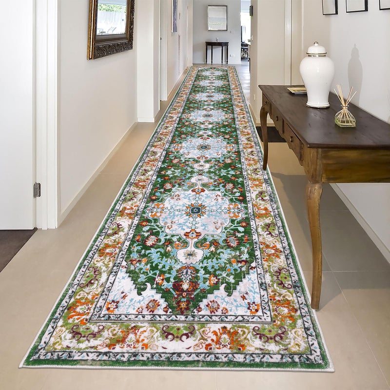 U'Artlines 2' x 14' Long Boho Hallway Runner Rug, Non Slip Washable Vintage Farmhouse Accent Area Rug Carpet for Kitchen Entryway Laundry and Living Room Green - Image 2