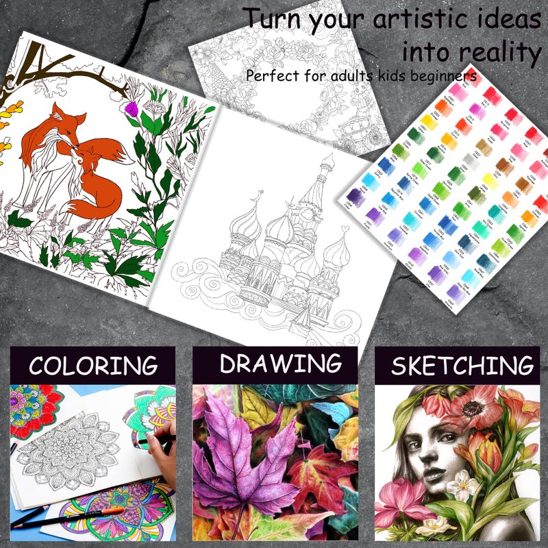 كالور مجموعة رسم من 96 قطعة من Kalour، تتضمن 72 قلم رصاص ملون و24 مجموعة رسم مع دفتر رسم، لوازم فنية للرسم والتخطيط والتلوين، مثالية للمبتدئين والفنانين والبالغين - Image 5