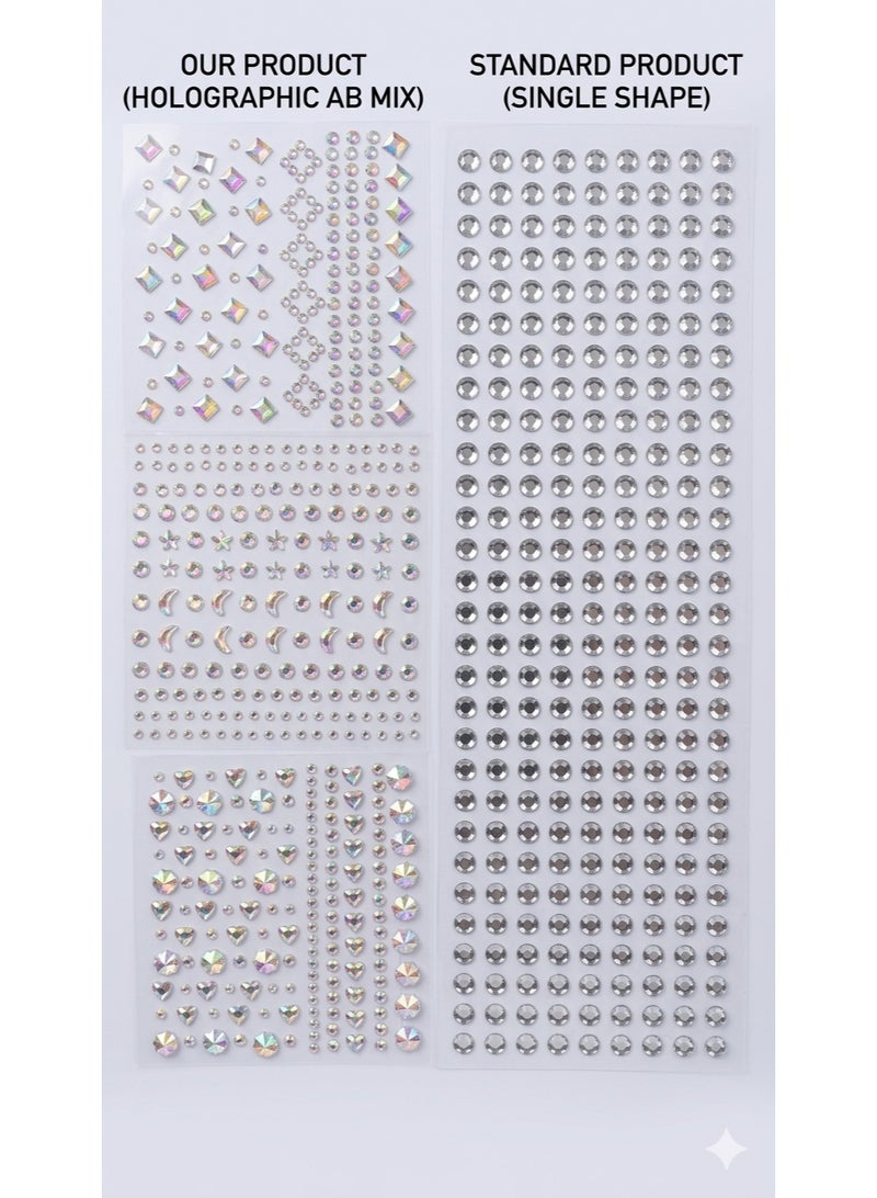 Holographic AB Face & Body Gems Set, 6 Sheets Multi-Shape Adhesive Rhinestones for Makeup, Nail Art & DIY Crafts, Iridescent Crystal Stickers - Image 3