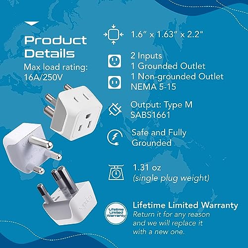 Ceptics South Africa, Namibia Travel Adapter Plug with Dual Usa Input - Type M - Ultra Compact - Safe Grounded Perfect for Cell Phones, Laptops, Camera Chargers and More 3 Pack (CT-10L) - Image 5