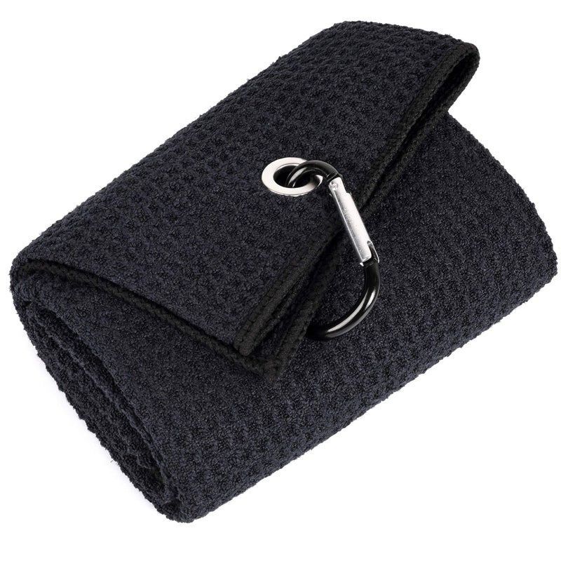 Mile High Life Mile High Life Trifold Towel  Premium Microfiber Fabric  Waffle Pattern  Heavy Duty Carabiner Clip  Men and Womens Black Golf Towel