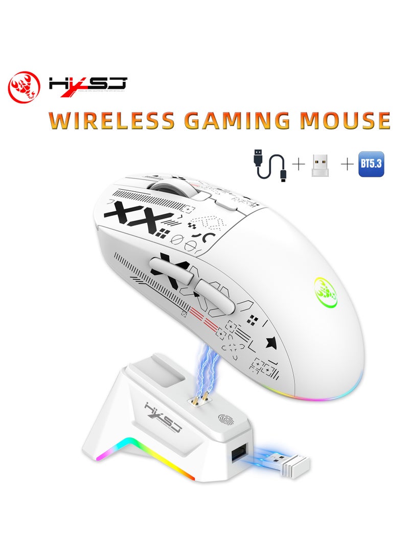 إتش إكس إس جيه ماوس ألعاب لاسلكي HXSJ T90PRO، ثلاثي الوضعيات 2.4G/بلوتوث 5.3/USB-C، خفيف للغاية 88 جم، مستشعر Pixart بدقة 12000 DPI، 6 أزرار قابلة للبرمجة، قاعدة شحن RGB – أبيض - Image 1