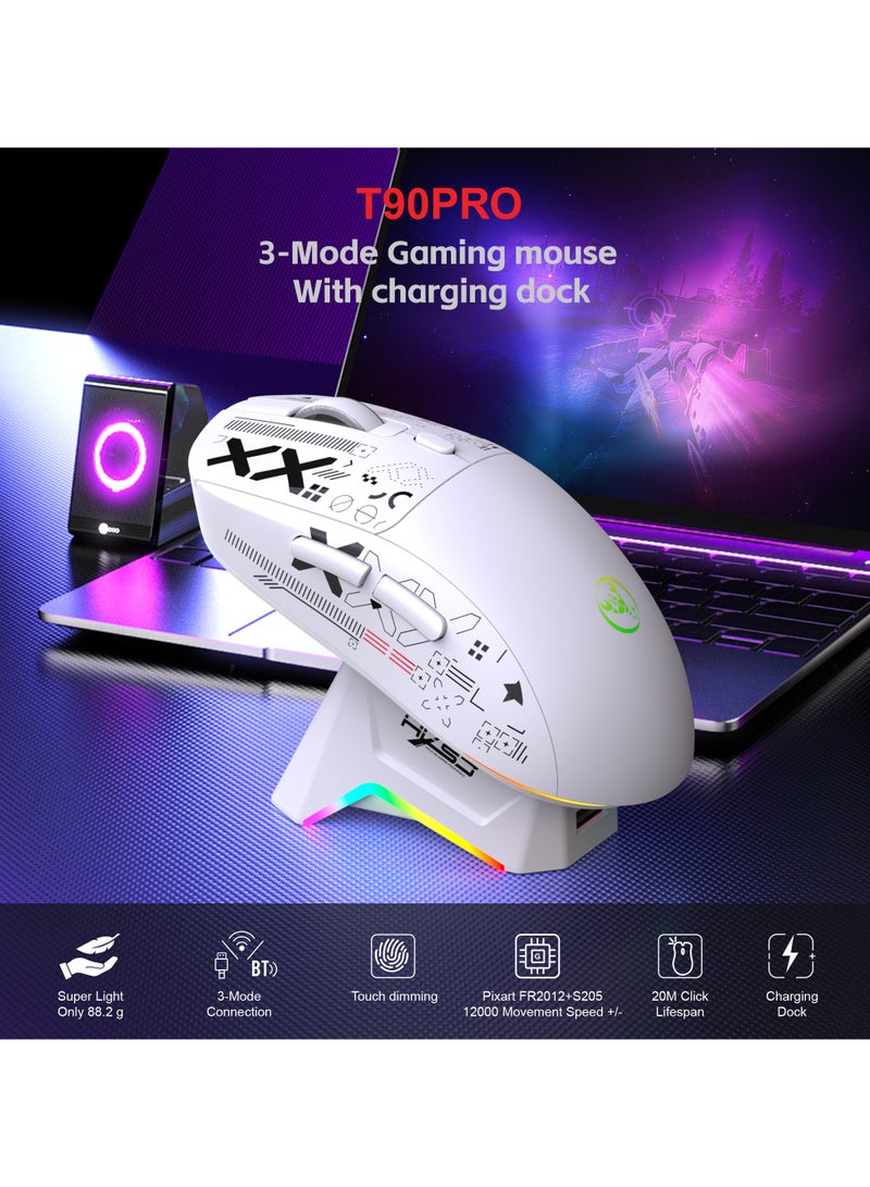 إتش إكس إس جيه ماوس ألعاب لاسلكي HXSJ T90PRO، ثلاثي الوضعيات 2.4G/بلوتوث 5.3/USB-C، خفيف للغاية 88 جم، مستشعر Pixart بدقة 12000 DPI، 6 أزرار قابلة للبرمجة، قاعدة شحن RGB – أبيض - Image 2