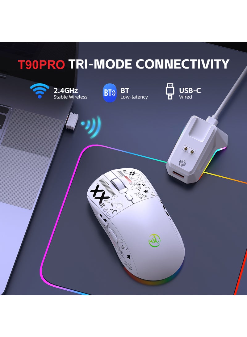 إتش إكس إس جيه ماوس ألعاب لاسلكي HXSJ T90PRO، ثلاثي الوضعيات 2.4G/بلوتوث 5.3/USB-C، خفيف للغاية 88 جم، مستشعر Pixart بدقة 12000 DPI، 6 أزرار قابلة للبرمجة، قاعدة شحن RGB – أبيض - Image 3
