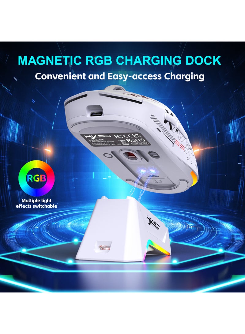 إتش إكس إس جيه ماوس ألعاب لاسلكي HXSJ T90PRO، ثلاثي الوضعيات 2.4G/بلوتوث 5.3/USB-C، خفيف للغاية 88 جم، مستشعر Pixart بدقة 12000 DPI، 6 أزرار قابلة للبرمجة، قاعدة شحن RGB – أبيض - Image 4