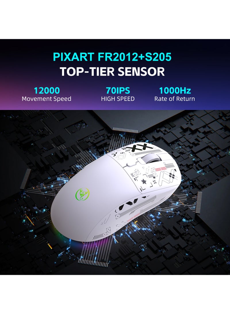 إتش إكس إس جيه ماوس ألعاب لاسلكي HXSJ T90PRO، ثلاثي الوضعيات 2.4G/بلوتوث 5.3/USB-C، خفيف للغاية 88 جم، مستشعر Pixart بدقة 12000 DPI، 6 أزرار قابلة للبرمجة، قاعدة شحن RGB – أبيض - Image 5