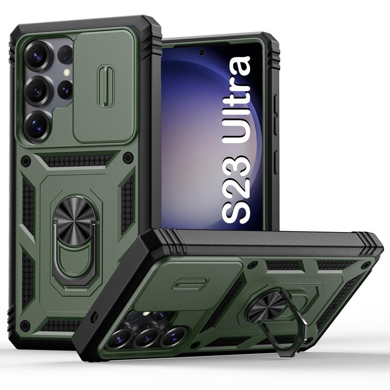 PASNEW Military Case for Samsung Galaxy S23 Ultra,Camera Slide Cover & Metal Ring Kickstand,Armor Multi-Layer Heavy Duty Rugged Shockproof Protective Hard Shell for S23Ultra,Army Green - Image 1