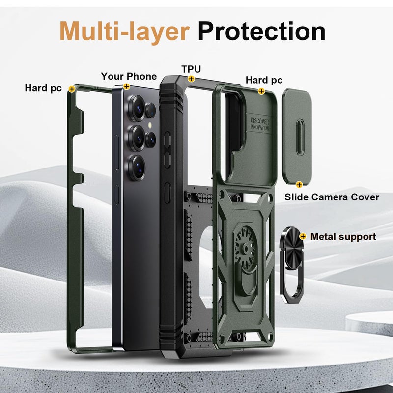 PASNEW Military Case for Samsung Galaxy S23 Ultra,Camera Slide Cover & Metal Ring Kickstand,Armor Multi-Layer Heavy Duty Rugged Shockproof Protective Hard Shell for S23Ultra,Army Green - Image 4