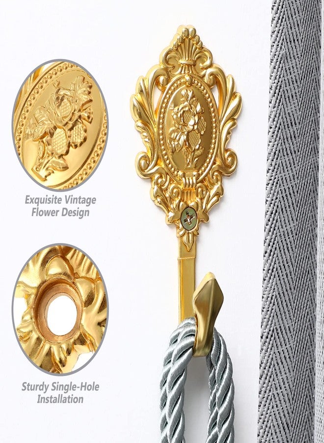 OULII 2-Pack Vintage Drapery Curtain Holdbacks Tieback Hooks Rose Pattern (Golden) - Image 2