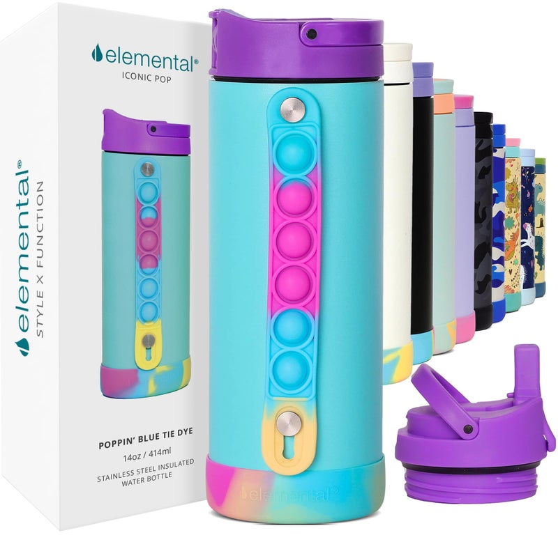 Elemental Iconic Kids Water Bottle with Straw Lid & Stress Relief Pop It Handle, Leak-Proof When Closed, Triple Insulated Kids Stainless Steel Water Bottle For Girls and Boys, 14oz - Blue Tie Dye - Image 1