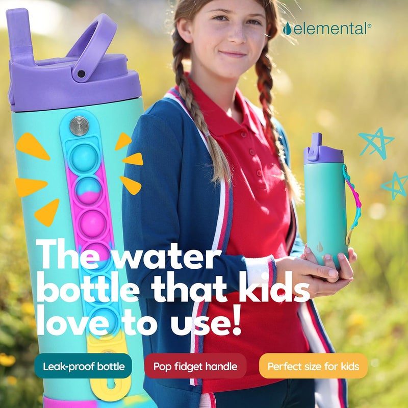 Elemental Iconic Kids Water Bottle with Straw Lid & Stress Relief Pop It Handle, Leak-Proof When Closed, Triple Insulated Kids Stainless Steel Water Bottle For Girls and Boys, 14oz - Blue Tie Dye - Image 5