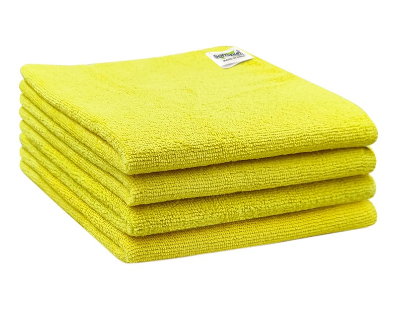SOFTSPUN Microfiber Cleaning Cloths 4 pcs 40x40cms 220 GSM Yellow! Highly Absorbent Lint and Streak Free Multi Purpose Wash Cloth for Bike & Car Stainless Steel Silverware. - Image 1