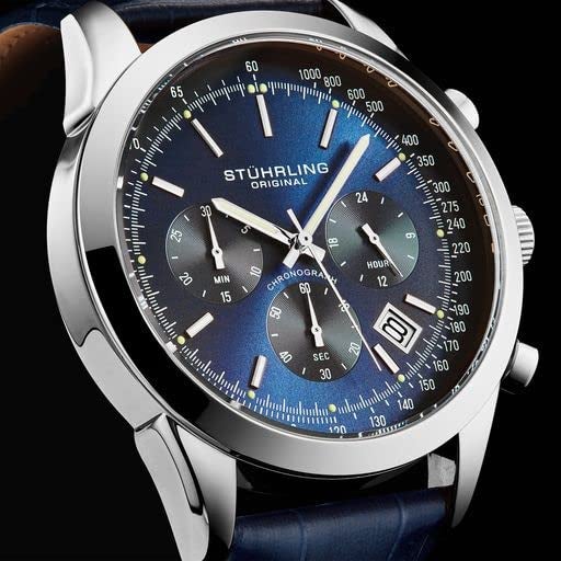 Stuhrling Original ساعة ستورلينغ للرجال رياتو كرونوغراف بقرص أزرق مع تاريخ ومقياس سرعة 24 ساعة بحزام جلد - Image 2