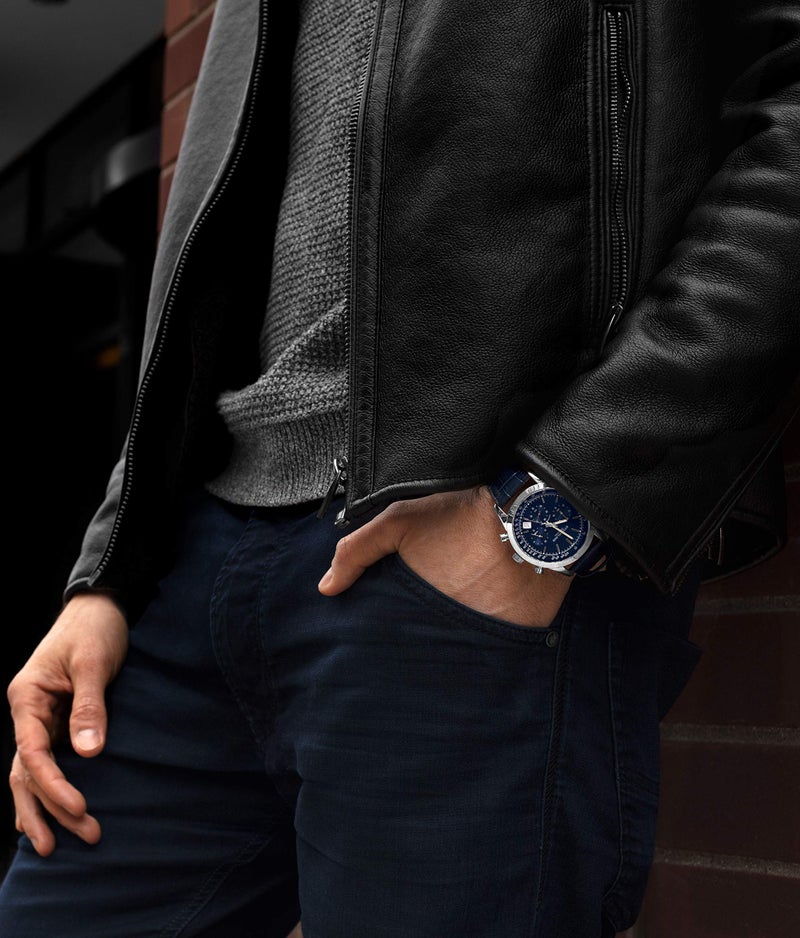 Stuhrling Original ساعة ستورلينغ للرجال رياتو كرونوغراف بقرص أزرق مع تاريخ ومقياس سرعة 24 ساعة بحزام جلد - Image 5