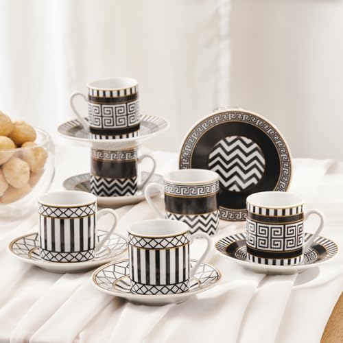 KARACA Helenistic Turkish Coffee Cups Set for 6 12 Piece Porcelain Espresso Cups with Saucers 80ML Demitasse Coffee Set Black Modern Elegant Design for Home Gift - Image 3
