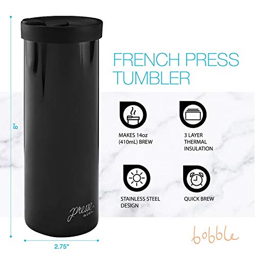 bobble French Coffee Presse, On-The-Go use, Quick Brew, Slim Design, Triple Wall Insulation, 14 oz (Stainless Steel) - Image 2