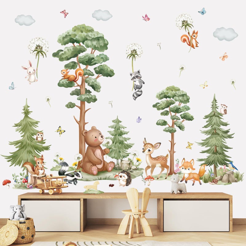 wondever Large Woodland Animal Tree Wall Stickers Forest Animals Bear Deer Dandelion Peel and Stick Wall Art Decals for Baby Nursery Kids Bedroom - Image 2