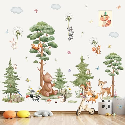 wondever Large Woodland Animal Tree Wall Stickers Forest Animals Bear Deer Dandelion Peel and Stick Wall Art Decals for Baby Nursery Kids Bedroom - Image 3