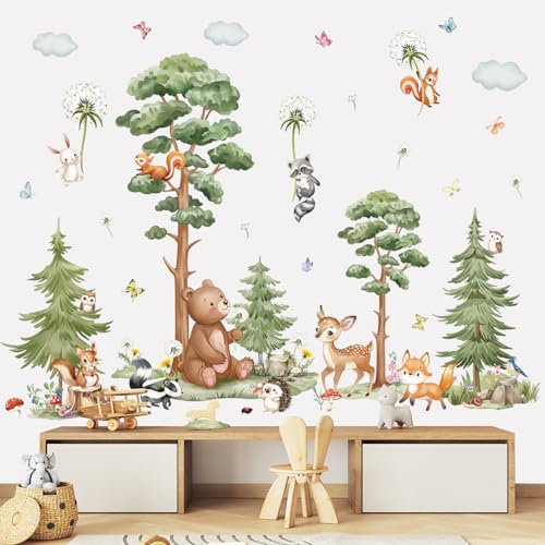 wondever Large Woodland Animal Tree Wall Stickers Forest Animals Bear Deer Dandelion Peel and Stick Wall Art Decals for Baby Nursery Kids Bedroom - Image 1