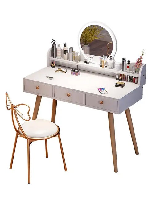 Large Makeup Vanity Desk, Round Vanity Mirror with Lights and Table Stool Set Wood Table Top Dressing Make Up Table Makeup Vanity Table Set with Lighted Mirror 3 Drawers for Bedroom