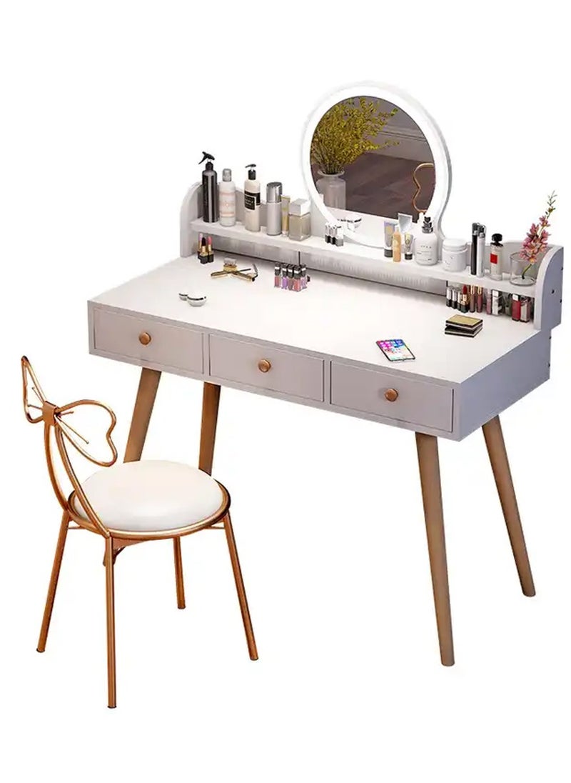 DubaiGallery - Large Makeup Vanity Desk, Round Vanity Mirror with Lights and Table Stool Set Wood Table Top Dressing Make Up Table Makeup Vanity Table Set with Lighted Mirror 3 Drawers for Bedroom - Image 1