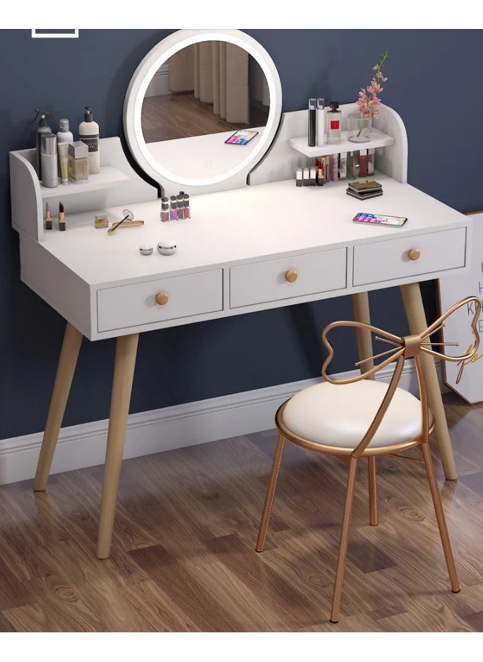 DubaiGallery - Large Makeup Vanity Desk, Round Vanity Mirror with Lights and Table Stool Set Wood Table Top Dressing Make Up Table Makeup Vanity Table Set with Lighted Mirror 3 Drawers for Bedroom - Image 1