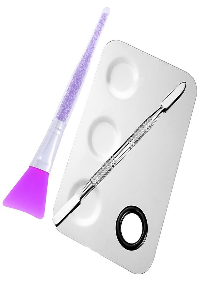 Aternal Stainless Steel Cosmetic 3 Dip Makeup Mixing Plate with Spatula Tool for Women (Silver) with 1 Face Pack Brush - Image 1