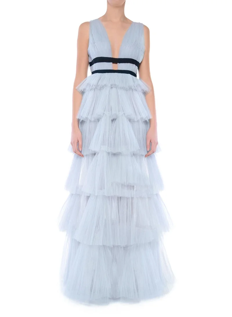 ترو ديكادينس Eliza Dusty Blue Plunging Neck Layered Tulle Skirt Maxi-Dress