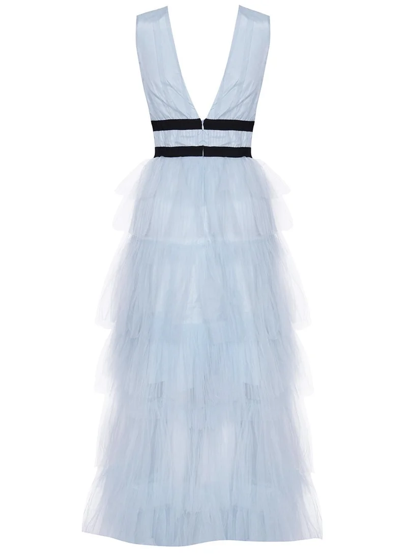 ترو ديكادينس Eliza Dusty Blue Plunging Neck Layered Tulle Skirt Maxi-Dress