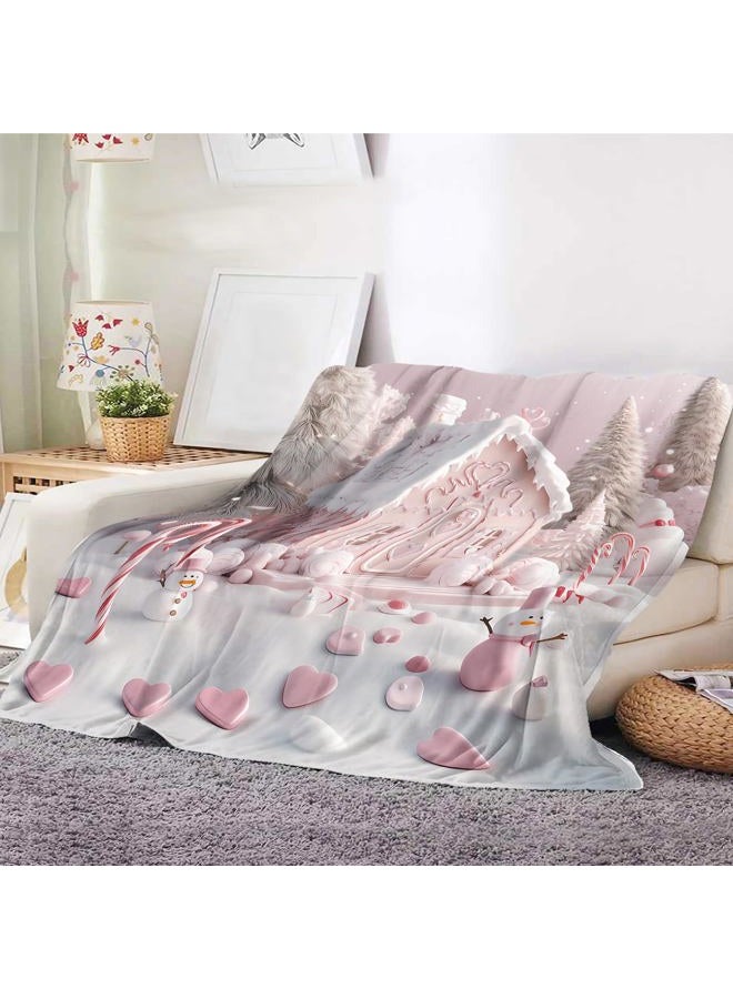 YUNTU Christmas Gingerbread House Blanket Pink Holiday Snowman Throw Blanket for Couch Bed Sofa Soft Cozy Winter Blanket Xmas Decor for Women Men Kids 50''x60'' (Xmas 4) - Image 3