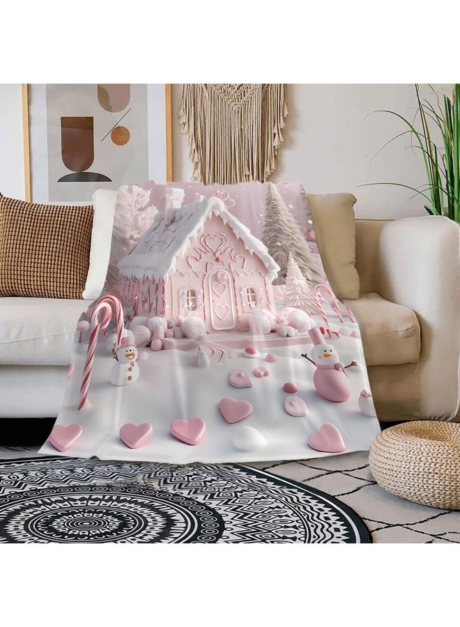 YUNTU Christmas Gingerbread House Blanket Pink Holiday Snowman Throw Blanket for Couch Bed Sofa Soft Cozy Winter Blanket Xmas Decor for Women Men Kids 50''x60'' (Xmas 4) - Image 1