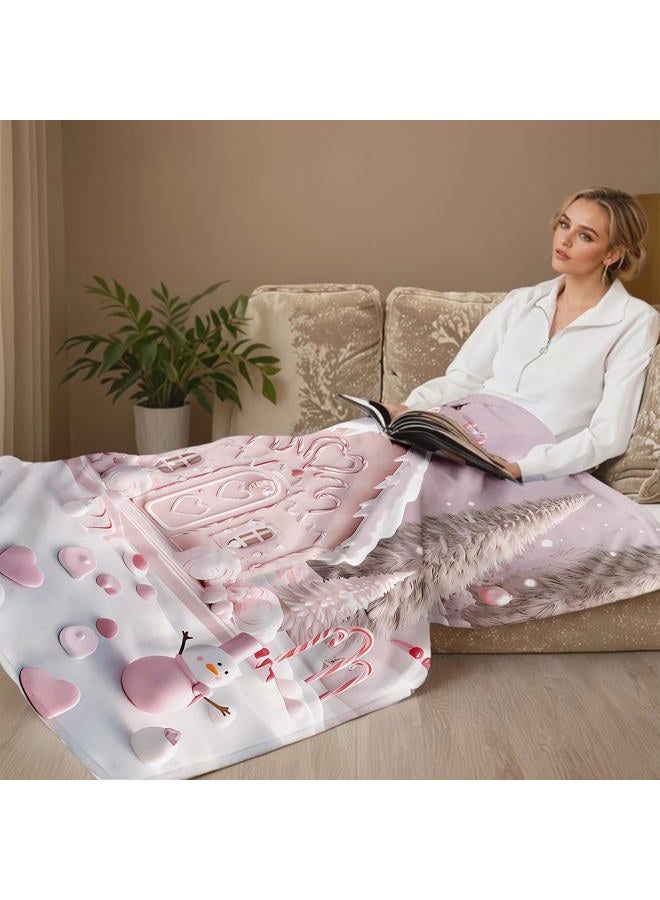 YUNTU Christmas Gingerbread House Blanket Pink Holiday Snowman Throw Blanket for Couch Bed Sofa Soft Cozy Winter Blanket Xmas Decor for Women Men Kids 50''x60'' (Xmas 4) - Image 2