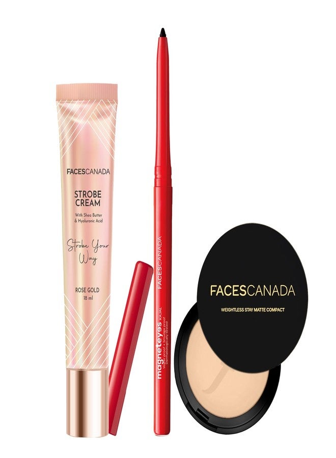 FACESCANADA Lumi Matte Glow Combo - Strobe Cream - Rose Gold (18ml) + Kajal - Black (0.35g) + Weightless Compact Powder - Natural 02 (9g) | Flawless Glowy Finish | Hides Imperfections - Image 1