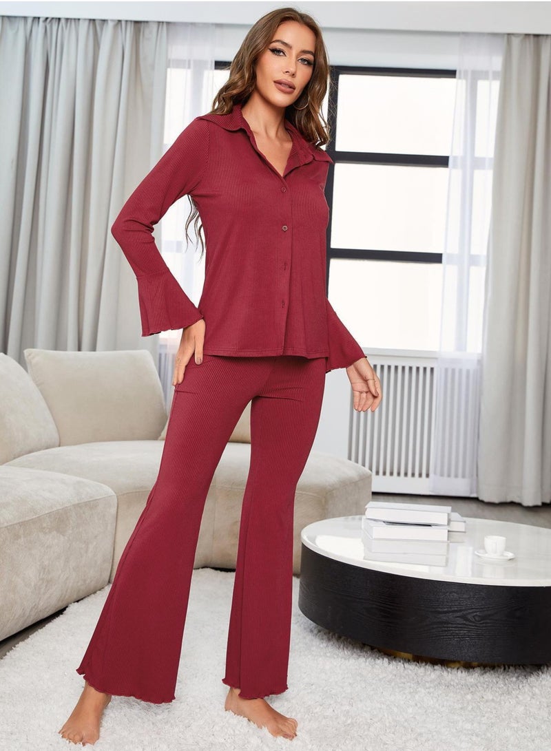 Loquat Women's Solid Color 2-Piece Set Pajamas Flared Sleeve Top And Pants Soft Loungewear Nightgown Suit Leisure Wear Red  - Image 1