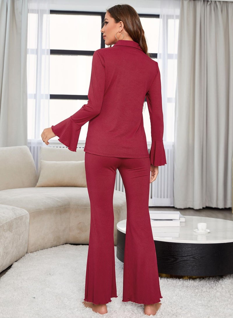 Loquat Women's Solid Color 2-Piece Set Pajamas Flared Sleeve Top And Pants Soft Loungewear Nightgown Suit Leisure Wear Red  - Image 3