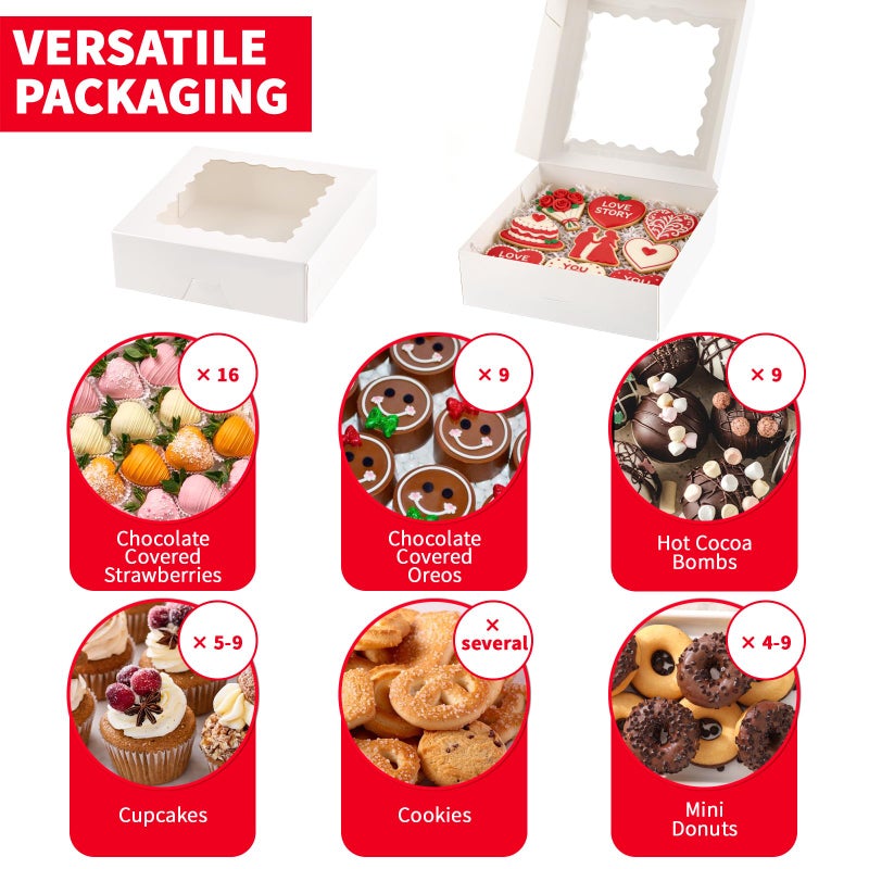 Ocmoiy 20 Pack Pie Boxes, 8 x 8 x 2.5 Inches Bakery Boxes with Window, Auto-Popup Cookie Treat Boxes for Chocolate Strawberries, Pastries, Muffins, Donuts - Image 4