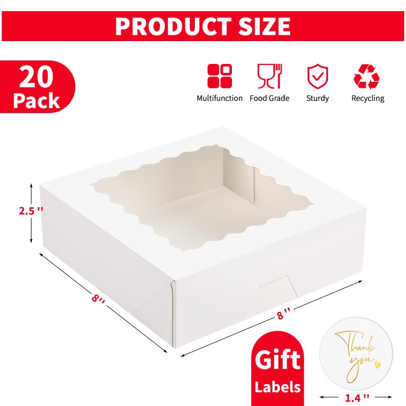 Ocmoiy 20 Pack Pie Boxes, 8 x 8 x 2.5 Inches Bakery Boxes with Window, Auto-Popup Cookie Treat Boxes for Chocolate Strawberries, Pastries, Muffins, Donuts - Image 3