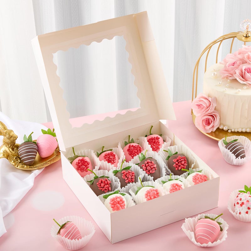 Ocmoiy 20 Pack Pie Boxes, 8 x 8 x 2.5 Inches Bakery Boxes with Window, Auto-Popup Cookie Treat Boxes for Chocolate Strawberries, Pastries, Muffins, Donuts - Image 5